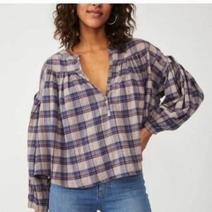 Free people We the free Jessi top plaid print bubble cottage oversized Size XS